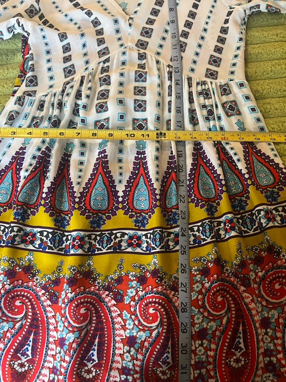 Boho Paisley Babydoll Dress Tunic Bell Sleeve Festival Mini Medium - Picture 9 of 14